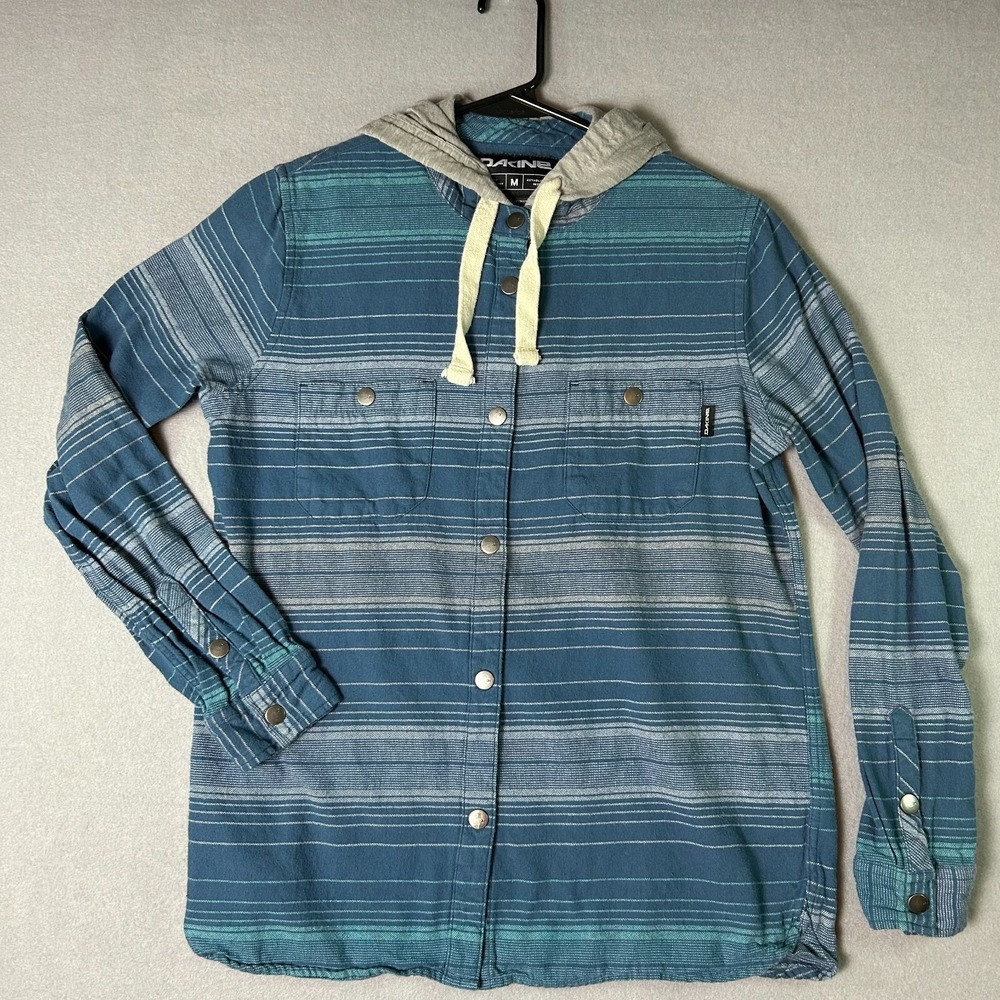 Dakine Shirt Womens Medium Brighton Blue Striped Winter Flannel Hooded Shirt